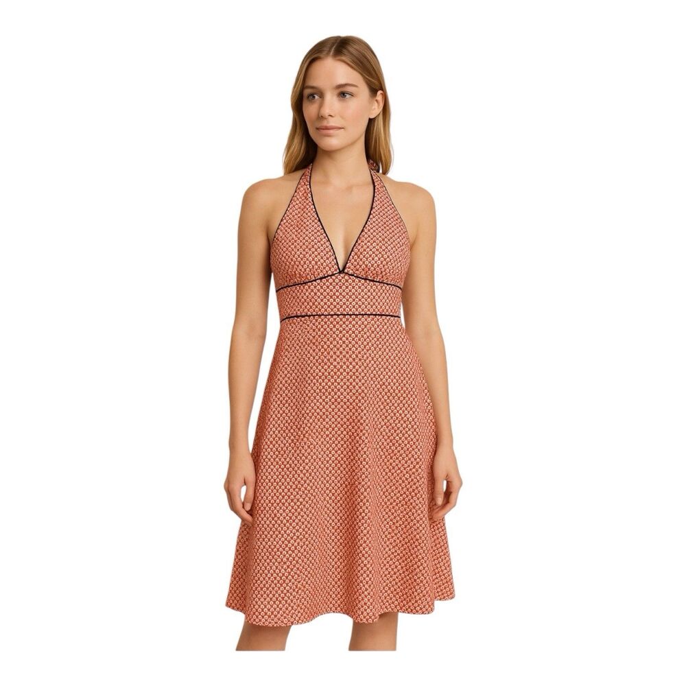 J Crew Halter Sundress Red & White Print Blue Trim V-Neck Summer Size 8 NWT